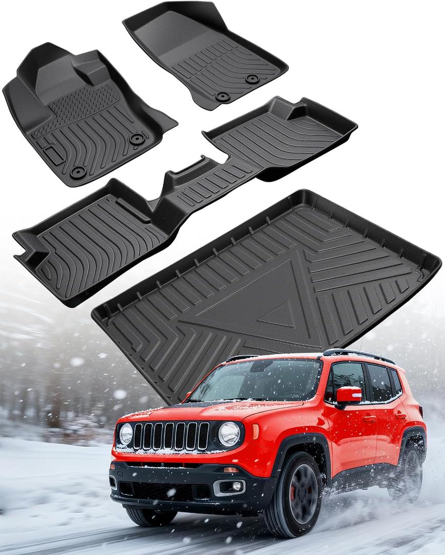 DiffCar for Jeep Renegade Floor Mats & Cargo Liner 2023 2022 2021 2020 2019 2018 2017 2016 2015, All-Weather Rubber Front Rear Trunk Carpet for Renegade Car Accessories, 4PCS TPE Balck (Not for Sport DiffCar for Jeep Renegade Floor Mats & Cargo Liner 2023 2022 2021 2020 2019 2018 2017 2016 2015, All-Weather Rubber Front Rear Trunk Carpet for Renegade Car Accessories, 4PCS TPE Balck (Not for Sport