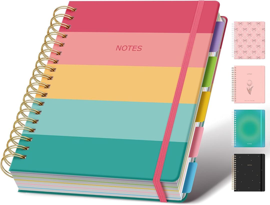 Hardcover Spiral Notebook Journal for Women & Men, Cute 5 Subject Notebook College Ruled for School & Work, Journaling Notebooks with Removable Dividers Tabs, 8" x 10", 300 Pages, Happy Stripes