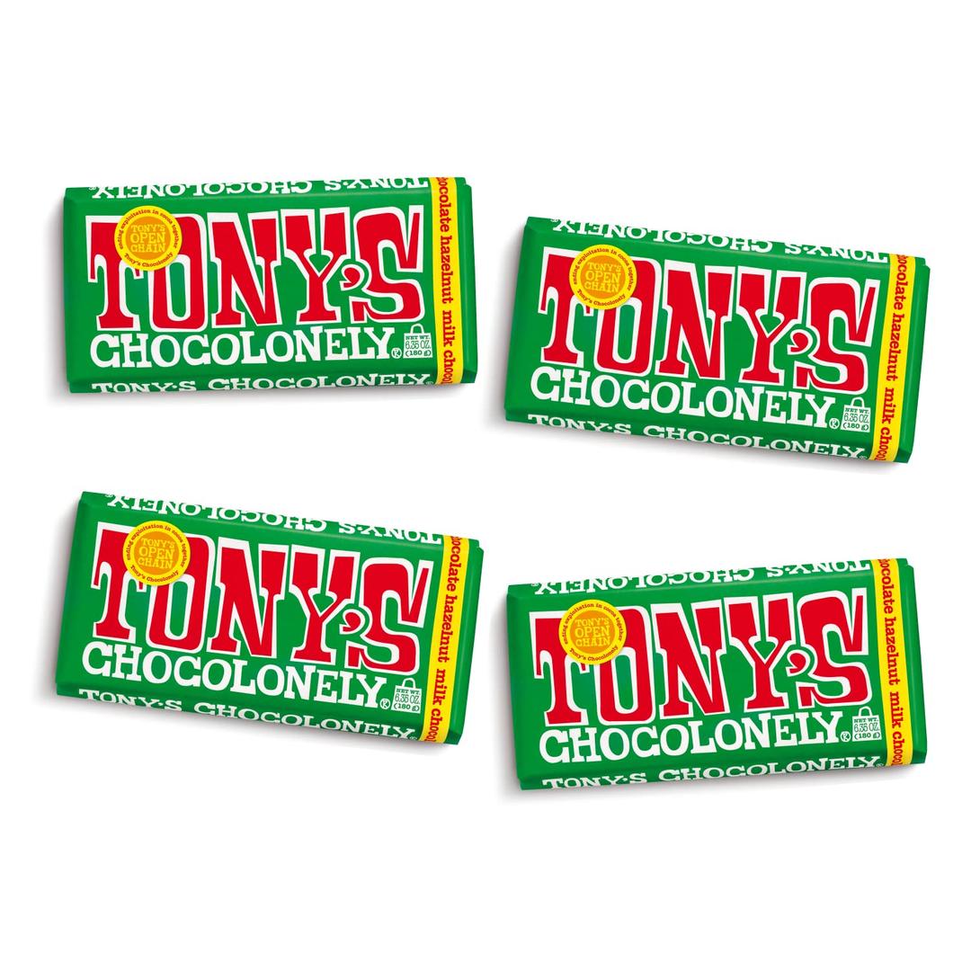 Tonys Chocolonely Belgian Milk Chocolate Hazelnut Candy Bar for Snacks, Chocolate Bars for Party Favors, Gifts, or Gift Basket, 32% Cacao, Made From Quality Fairtrade Cocoa, 4 Bars, 6.35 Oz Each (EXP 09/23/26)