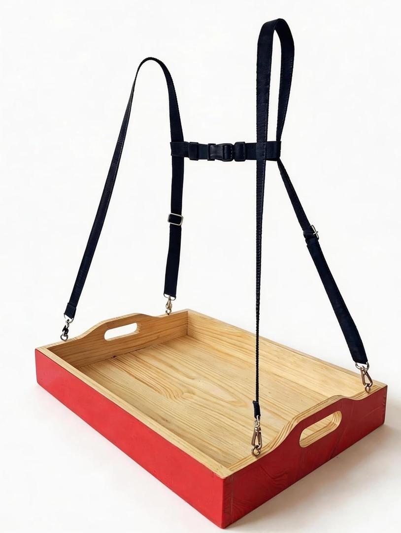 Wearable Wooden Snack Tray with Strap, 21.7" x 15.8" x 2.8" Handheld Serving Tray for Vendors, Events, Carnivals & Festivals, Adjustable Shoulder Strap, Anti-Slip Food Tray with Metal Clips