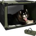Pettycare Portable Travel Dog Crate 4-Door Soft Sided 42 Inch Collapsible Dog Crate with Curtains Durable Mesh Foldable Pet Kennel Soft Crates for Large Dogs Indoor & Outdoor Olive Green (42.0"L x 31.0"W x 31.0"H)