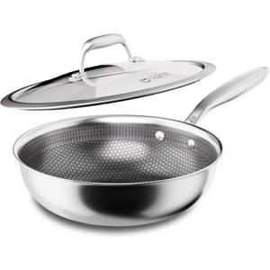 COOKER KING 10-Inch Hybrid Stainless Steel Wok with Lid, Nonstick Stir Fry Pan & Deep Frying Pan, Tri-Ply Clad Honeycomb Everyday Pan, Induction Ready, Oven & Dishwasher Safe, PFOA Free