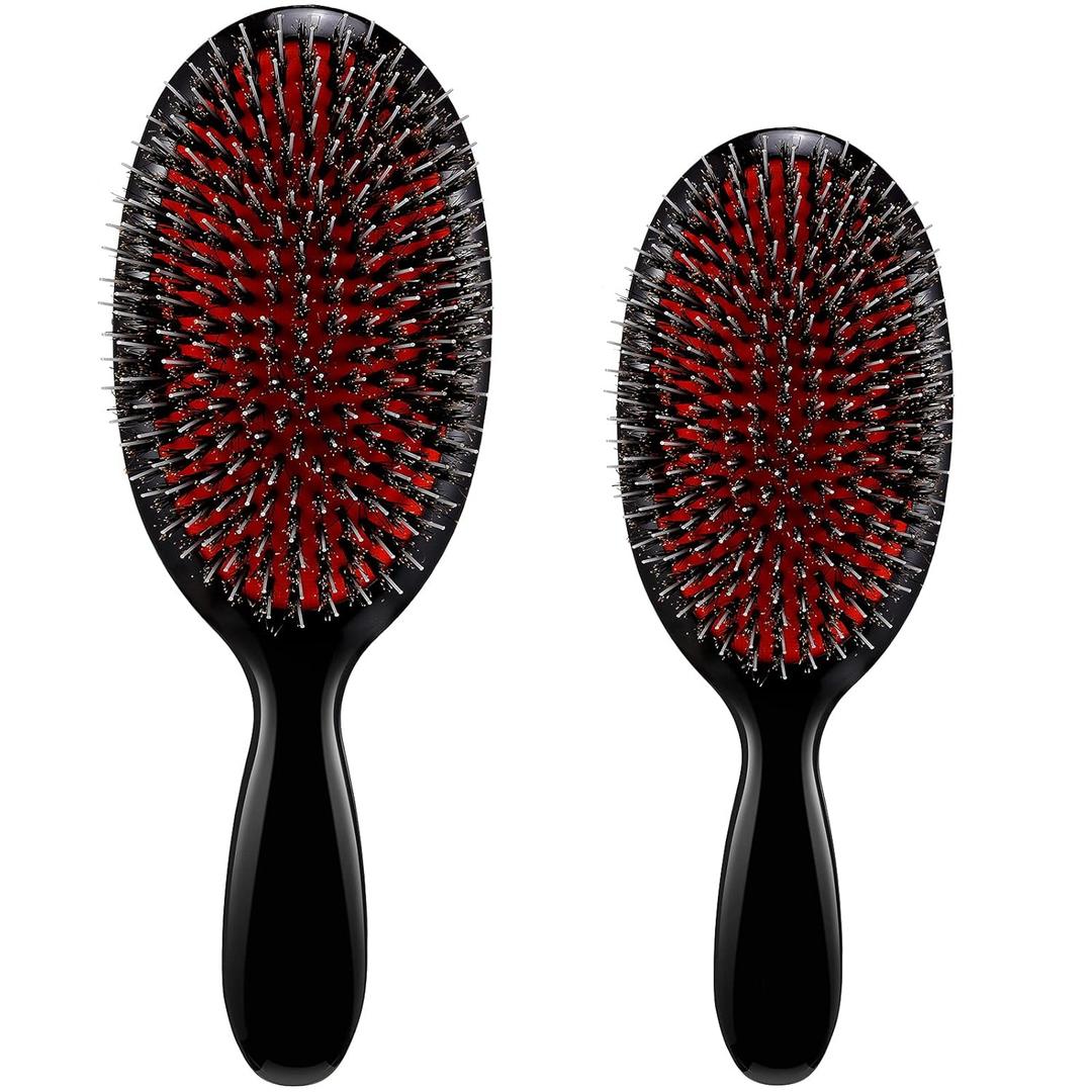 Geiserailie Hair Brushes, 2 Pieces Boar Bristle Hair Brushes with Nylon Quill, Natural Bristles Hair Extensions for Women, Men and Kids, Promotes Smooth and Healthy Hair Growth