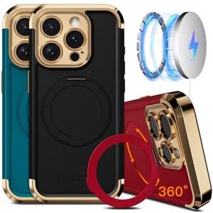 COOLQO for iPhone 15 Pro Max Case 6.7'' Upgraded 360° Spin Magnetic Stand [Compatible with Magsafe][Military Protection] Shockproof Protective Phone Holder Cover for iPhone 15 Pro Max, Black Gold