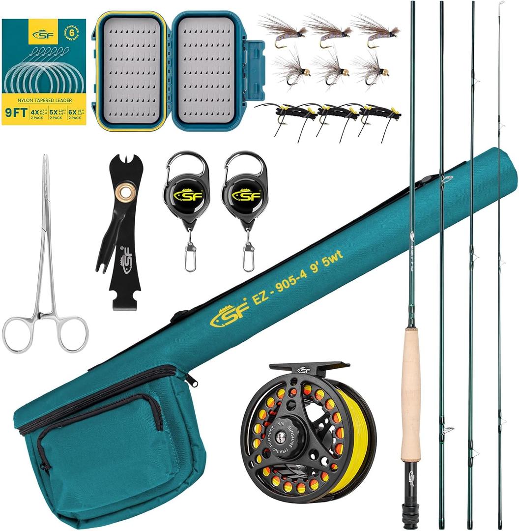 SF Fly Fishing Rod Combo Starter Kit Semi Gloss Green Jade Finish 24T Carbon Fiber Trout Travel Fly Rod with Reel,Fly Rod case,Fly Box , Flies,Tapered Leader,Knot Tying Tools, 9', 5wt, 4sec, M.F