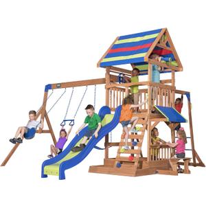 Backyard Discovery Beach Front Cedar Wood Swing Set with Wave Slide, Play Deck, Monkey Bars, Rock Wall Ladder, Shaded Picnic Area, Snack Bar, Belt Swings, Trapeze, Sandbox Area, Outdoor Playset (Large, Multicolor)