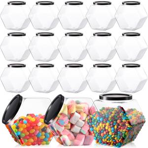 Bokon 18 Pcs Hexagon Shaped Jars with Lids Plastic Cookie Container 30oz Clear Wide Mouth Candy Storage Jar for Cookies, Candy, Snacks, Paper Stars, Detergent Pods, Gifts and Storage