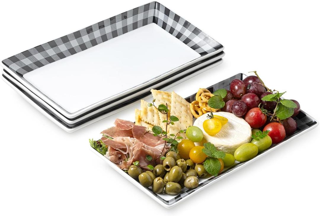 LAUCHUH Checkered Serving Platters, 12 inch Porcelain Serving Trays Rectangular Dinner Plates Black & White Serving Dishes for Entertaining, Cheese, Cupcakes, Cookies, Fruit, Vegetables, Set of 4
