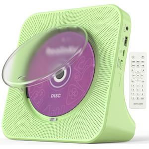 Desktop CD Player with Speakers, Bluetooth, FM Radio, Remote, USB/AUX, Wall-Mountable or Tabletop, AC Powered, Green