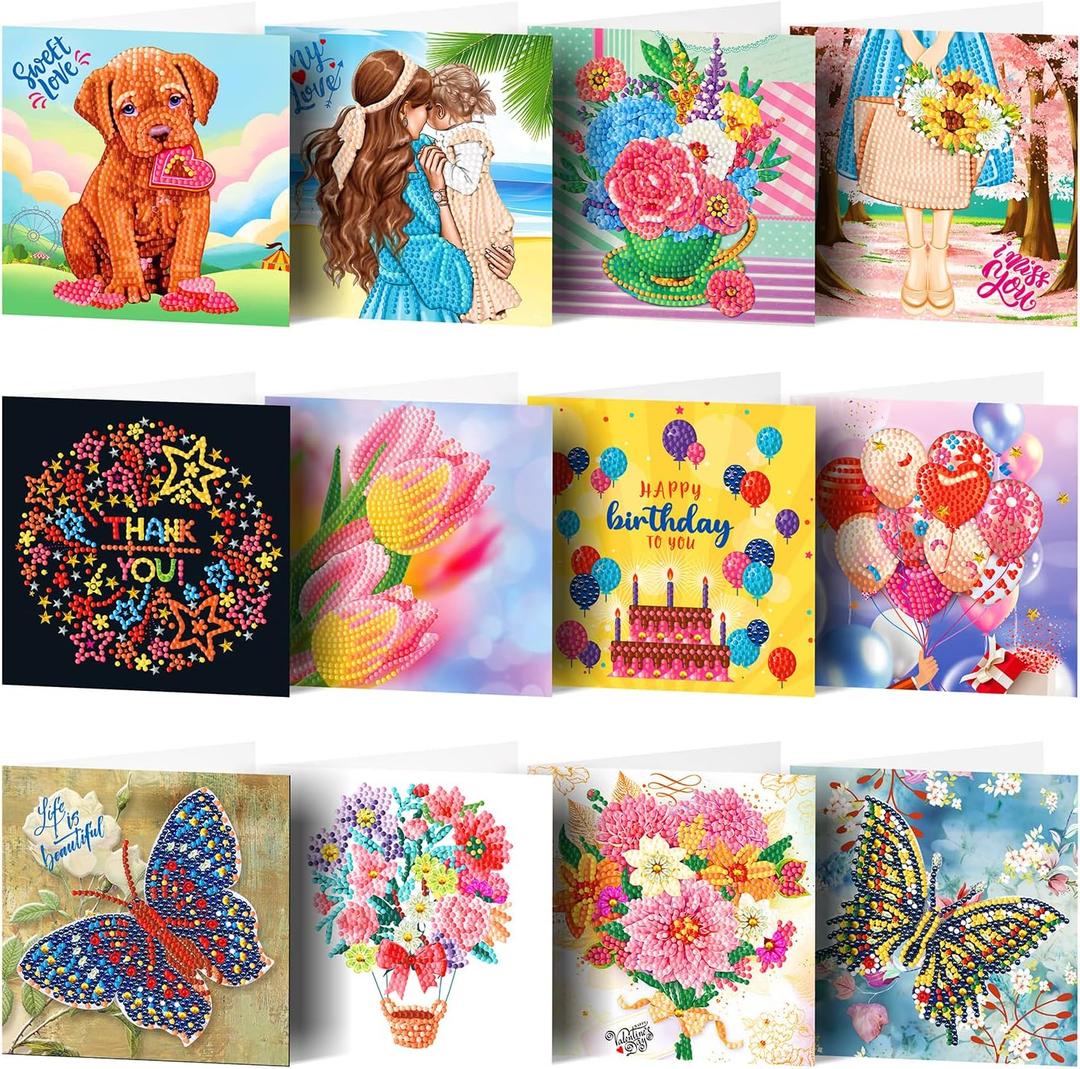 pigpigboss 12 Packs Butterfly Flower Diamond Painting Greeting Cards, Dog Diamond Art Birthday Card Arts Crafts for Friend Family Birthday Holiday Blessing