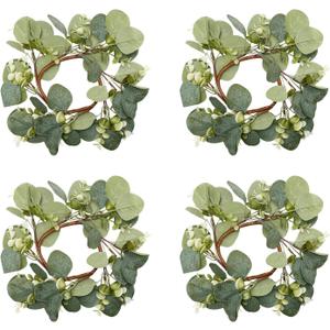 4 Pcs Candle Rings Artificial Eucalyptus Leaves Wreaths 10 Inch Candle Rings Wreaths Small Boho Wreath Pillar Candle Holder for Wedding Home Door Tabletop Decoration (Elegant Eucalyptus Leaf)