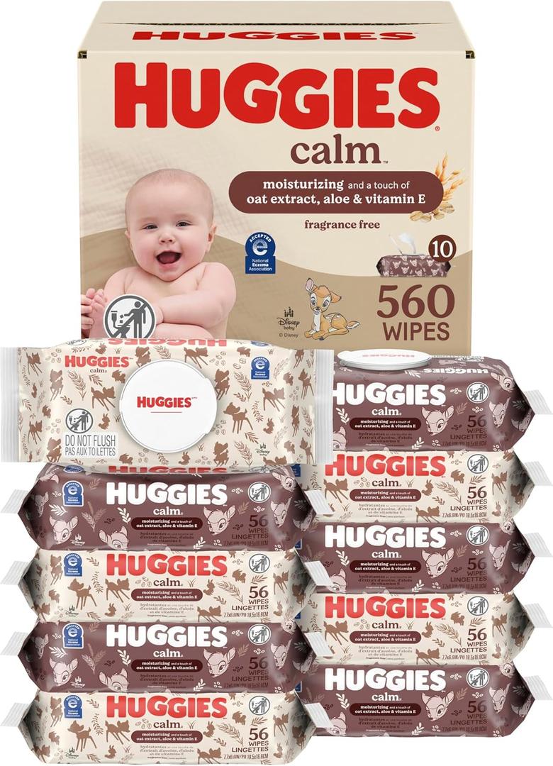 Huggies Calm Baby Wipes, Unscented, Hypoallergenic, 10 Push Button Packs (560 Wipes Total)