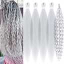 Silver Wavy Crochet Boho Hair for Braiding 26 Inch Braiding Hair Pre Stretched, Knotless Bohomian Wavy Curly Braiding Hair Extensions For Boho Braids, Synthetic Curly Crochet Hair For Women
