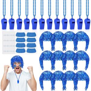 Realspring 124 Pcs Blue Accessories Team Spirit Bulk Team Spirit Week Include Foil Wig Fits Whistles Eye Black Sticker for Sporting Events Cheering Essentials