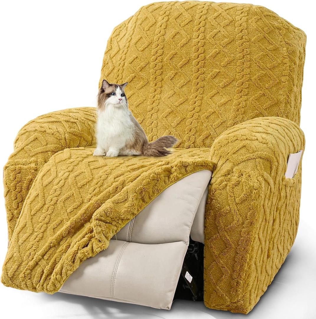 JOKIVTOU Recliner Chair Covers 4-Pieces Reclining Chair Slipcovers with Pocket& Elastic Bottom, Soft Feel Fitted Lazy Boy Sofa Couch Cover Washable, Stretch Recliner Furniture Protector (1 Seater, Yellow)