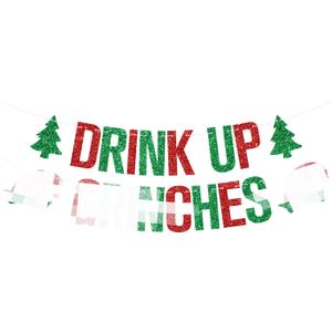 2 x Drink up Grin*hes Banner, Gri*ch Xmas Party Decorations, Merry Christmas, Winter Holiday Christmas Grin*hmas New Year Party Photo Props Decorations Supplies