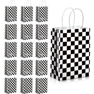 Epakh 16 Pcs Checkered Racing Treat Bags Race Car Party Favors with Handles Black and White Checkered Flag Candy Goodie Gift Bags for Themed Birthday Party Supplies