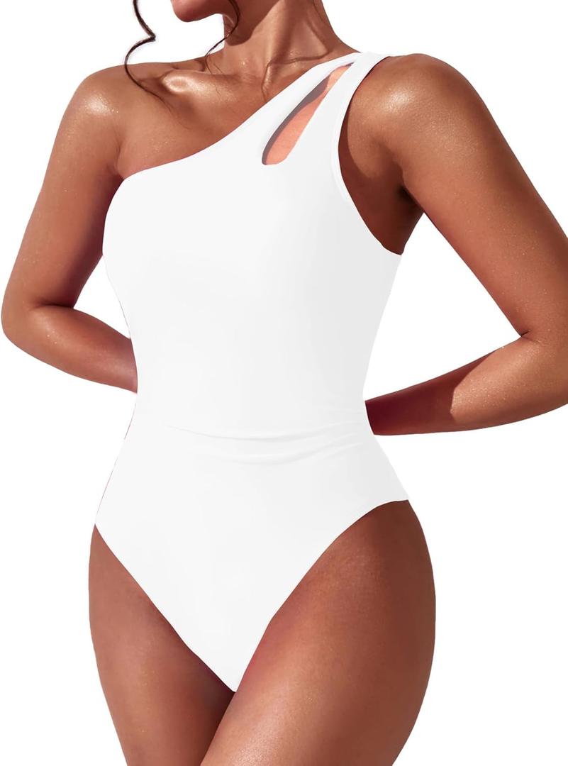 Women One Shoulder One Piece Swimsuit Tummy Control Bathing Suits Modest Full Coverage Cutout Swimwear (Small, White)