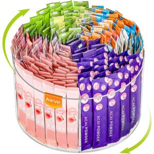 AIEVE Drink Packet Organizer, Lazy Susan 360 Turntable Organizer for Drink Mix Hydration Packets, Water Flavor Acrylic Container Tea Bag Holder for Kitchen Storage Organization (Round - 6 inch)