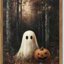 Framed Vintage Halloween Ghost Canvas Wall Art, Cute Ghost Pumpkin Wall Decor Paintings, Gothic Dark Academia Pictures Prints Spooky Fall Forest Home Decor for Living Room Bedroom 16x24 inch