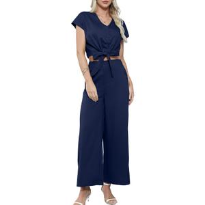 Gardenwed Women's Two Piece Outfit Set, Short Sleeve V Neck Crop Top with Tie Front and Wide Leg Pants (Blue, L)
