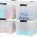 IRIS USA 40 Qt Stackable Plastic Storage Bins , 4 Pack - BPA-Free, Made in USA - Discreet Organizing Solution, Latches, Durable Nestable Containers, Secure Pull Handle - Pearl