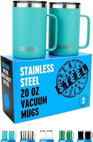 Amazon.com | Insulated Mug with Handle and Lid - Stainless Steel Vacuum Coffee Cup, Set of 2, 20 oz - Large Double Wall Coffee or Tea Cup, Thermal Camping Mug Keeps Drinks Hot, That Keeps Beer Cold: Coffee Cups & Mugs