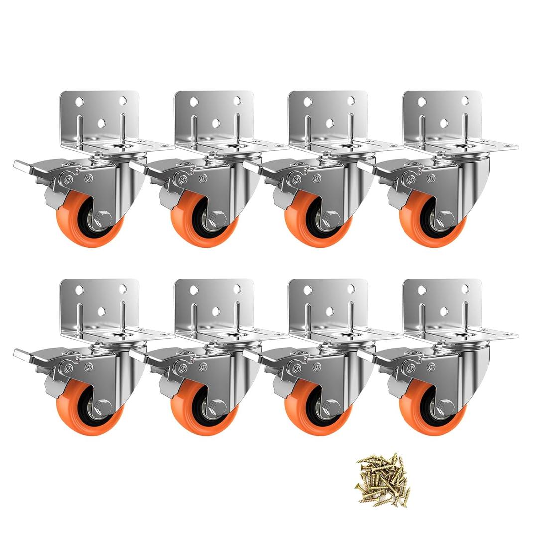 2inch L-Shaped Caster Wheels, Side Mount Casters Set of 8, Heavy Duty Casters with Brake, Double Bearing Locking Polyurethane(PU) Wheels for Baby Beds/Cabinets/Furniture8 Pack