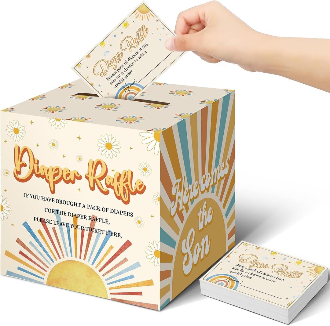 Teling 51 Pieces Diaper Raffle Tickets with Card Box Baby Shower Decorations Baby Shower Holder Box for Girl Boy Diaper Raffle Party(Here Comes the Son)