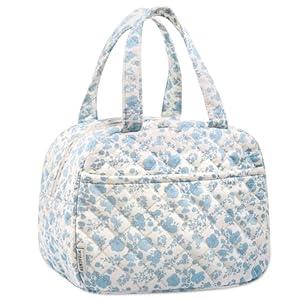 WOBAGMEN Quilted Lunch Box for Women,Insulated Cute Reusable Lunch Bag with Front Pocket,Pink Flower Stylish Lunch Tote Bag for Work, Office,Picnic, Travel,School (blue floral)