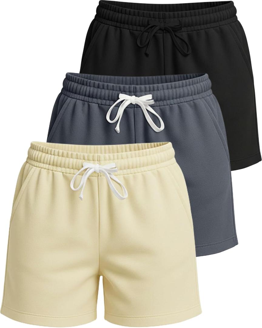 3 Pack Women's Fleece Shorts Lounge Sweat Athletic Casual with Pockets Gym | Everyday Wear, Casual, Sleep, Gym, Walking, Drawstring, Elastic Waist, Running, Yoga, Basketball; Ultra Soft, Warm & Cozy (L)