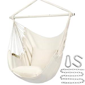 Y- Stop Hammock Chair Hanging Rope Swing Chair, Max 500 Lbs, 2 Seat Cushions Included, Removable Steel Spreader Bar with Anti-Slip Rings for Indoor or Outdoor(Beige)
