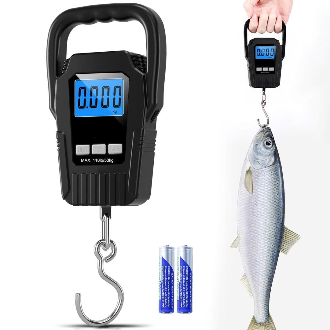 USTOP Black Fish Weighing Scale, 110lb/50kg Digital Fish Scale Hanging Scale Fishing Scale, Upgrade Large Handle & Backlit LCD Display,Fishing Gifts for Men.