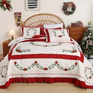 EVENHUG King Size Quilt Christmas Theme Bedding Sets with Pillow Shams Reversible Bedspread Coverlet Lightweight Christmas Festival Bed Cover for Bedroom Home Decoration (106"x96")