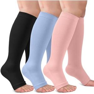 3 Pack Copper Compression Socks for Women & Men, 20-30mmHg Open Toe Knee High Stockings for Circulation Support L/XL