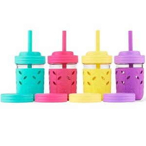 Elk and Friends Kids + Toddler Glass Cups | The Original 8oz Glass Mason Jar with Sleeves + Lids | Silicone Straws + Stopper | Smoothie Cup | Food Storage | Spill Resistant | Dishwasher Safe | 4 Pack