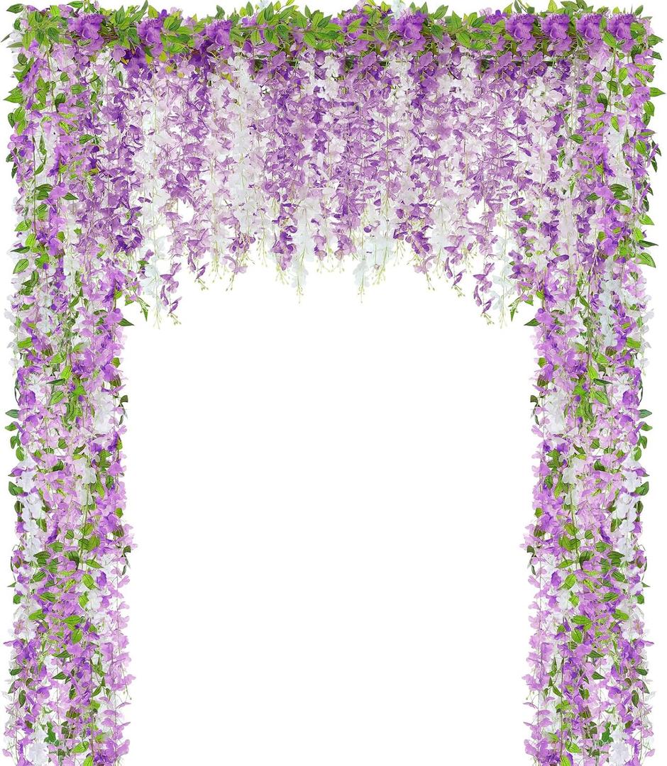 4pcs Wisteria Artificial Flowers Garland, 7.2Ft/Piece Wisteria Hanging Flowers Garland for Wedding Arch Decoration Outdoor Ceremony Home Backdrop Garden (Light Purple,Dark Purple,White)
