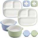 Domensi 4 Pcs Square Porcelain Kid Plate and Bowl Set with Suction, 2 Ceramic Toddler Divided Plate 2 Baby Anti Slip Silicone Sleeve Bowl for Feeding Supplies Microwave Dishwasher Safe(Blue, Green)