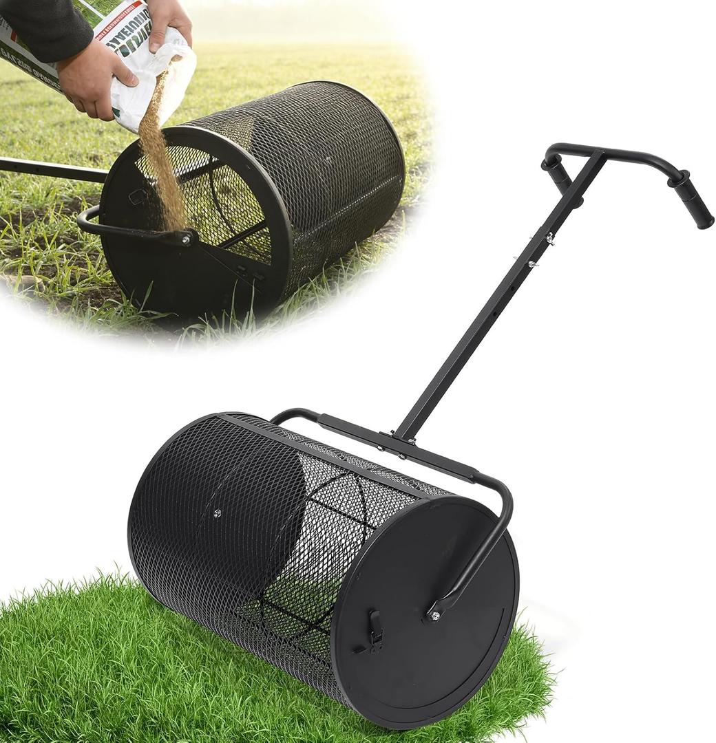Compost Spreader 24in Peat Moss Spreader - U Shaped Comfortable Handle & Adjustable Height Powder-Coated Metal Mesh Hand Fertilizer Spreader for Garden Yard Lawn Care (Matte Black)
