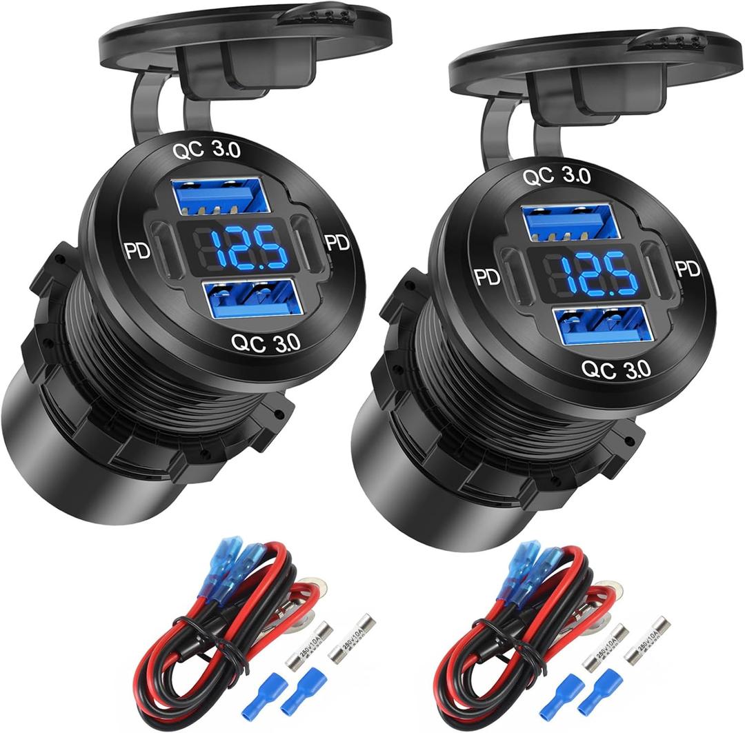 2 Pack 4 Port 12V USB Outlet Aluminum Charger, 78W Dual PD & QC Multiple USB Port for Car, USB C Cigarette Lighter Replacement 12 Volt Socket with Voltmeter Waterproof for Marine Boat Motorcycle RV 2 Pack 4 Port 12V USB Outlet Aluminum Charger, 78W Dual PD & QC Multiple USB Port for Car, USB C Cigarette Lighter Replacement 12 Volt Socket with Voltmeter Waterproof for Marine Boat Motorcycle RV