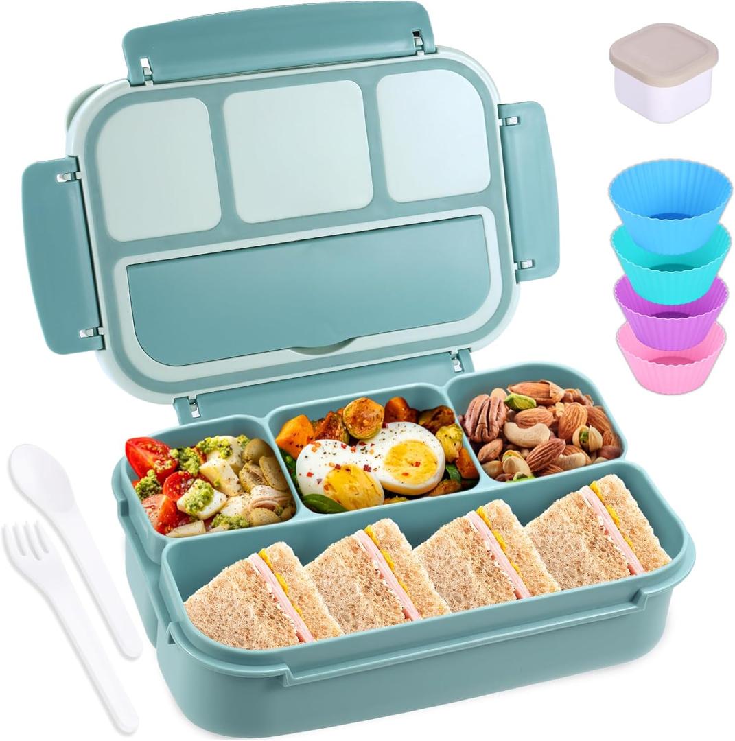 shell and turtle Bento Box Adult Lunch Box, Lunch Containers for Kids Girls Boys with 4 Compartments, Lunchable Food Container with Utensils, Sauce Jar, Muffin Liners, 40 Oz/5 Cup, Light Teal (1200ML)