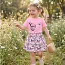 GLIGLITTR Girls Skirt Set Toddler Girl Cute Short Sleeve Butterfly T-Shirt Tops and Skirt 2 Piece Summer Outfit Clothes 6-7Y (Pink)