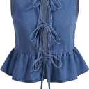 OYOANGLE Women's Plus Size Denim Tie Front Vest Sleeveless Crew Neck Ruffle Hem Jean Jackets Blue XX-Large Plus