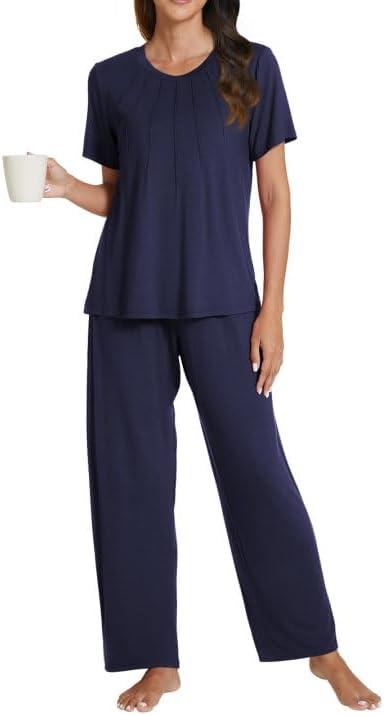 POKWAI Women 2 Piece Pajamas Sets Short Sleeve Tops and Pants Pajama Set Comfy Pjs Sleepwear Loungewear (X-Large, Dark Blue)