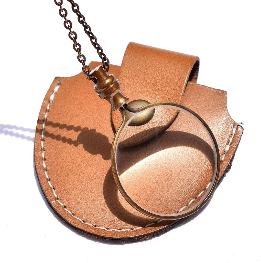 10X Magnifiers Antique Brass Chain Necklace with 40mm Diameter Glass Magnification Lens Pendant Portable Pocket Loupe Monocle for Library