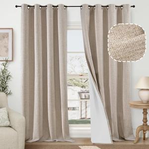60 Inch Wide Linen Blackout Curtains for Living Room/Bedroom 84 Inch Length 2 Panels, Total Black Out Thermal Insulated Soundproof Grommet Boho Window Drapes White Liner for Modern Farmhouse, Beige