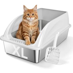 Stainless Steel Litter Box with High Sides, Extra Large Metal Cat Litter Pan for Big Cats, XL Litter Box with Scoop, Non-Stick Easy Clean Anti-Leak Kitty Litter Pan, Odor Control Open Top Design