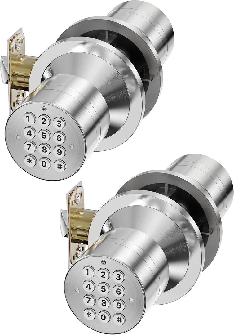 Door Knob with Keypad, Keyless Entry Door Lock, Door Knob Child Proof, Auto Lock, Easy Installation for Home, Office, Apartment, Garage Security, Satin Chrome 2 Pack