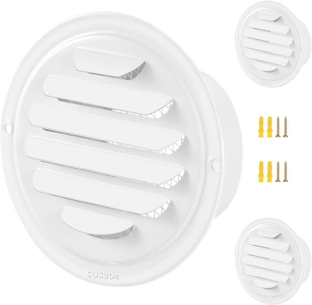 Gisafai 2 Pcs Round Soffit Vent Cover 4 Inch Stainless Steel Louvered Grille Metal Air Vent Covers with Built in Fly Screen Mesh for HVAC Ventilation House Flat Garage Exterior (White)