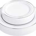 FLOWERCAT 60PCS Silver Plastic Plates - Heavy Duty White and Silver Plastic Plates Disposable - Include 30PCS 10.25inch Dinner Plates and 30PCS 7.5inch Dessert Plates for Wedding & New Year & Birthday (Sliver)